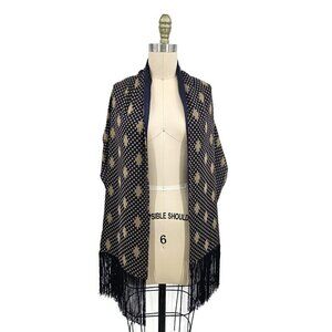 Giorgio Armani Silk Scarf Fringe Navy Blue Beige Shawl 16"x60"